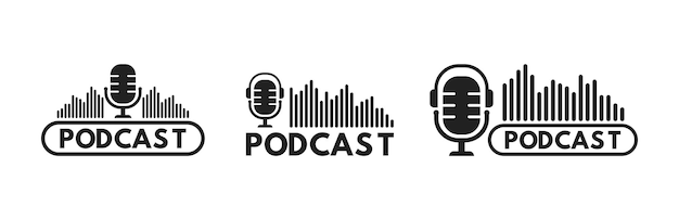 Logotipo de icono de podcast con auriculares de micrófono de estudio y ondas de sonido en color negro Vector EPS 10