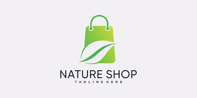 Logotipo de icono de tienda de naturaleza para empresa comercial con bolsa y hoja vector premium