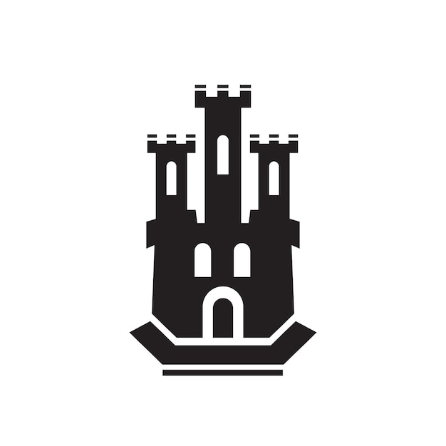 Logotipo del icono de la torre del castillo aislado sobre fondo blanco Silueta del castillo de fantasía