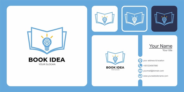 Logotipo de idea de libro con diseño de lámpara y tarjeta de visita.