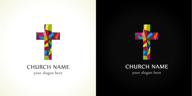 Logotipo de la iglesia, antiguo patrón de mosaico. Símbolo cristiano vectorial religioso. Crucifijo creativo en rompecabezas de colores.