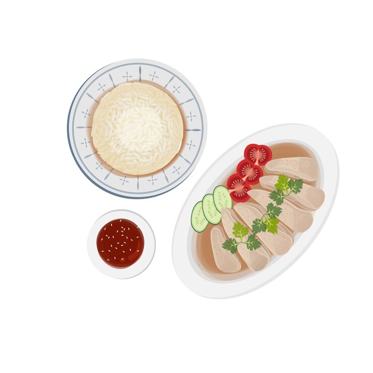 Logotipo de ilustración de arroz hainanés con pollo wenchang como guarnición