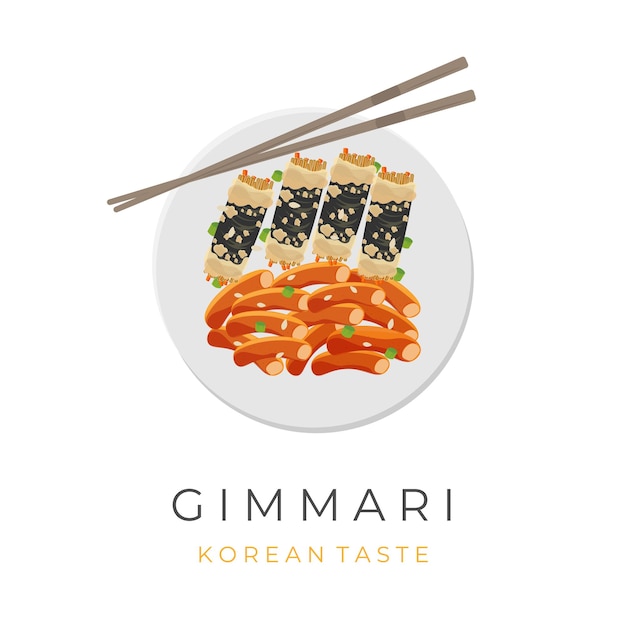 Logotipo de ilustración de Gimmari Kimmari Snack coreano servido con Tteokbokki
