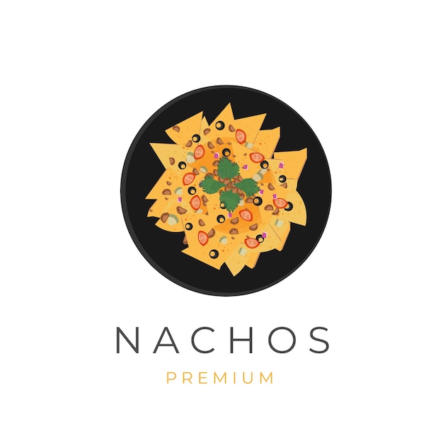 Logotipo de ilustración de nachos de queso con carne picada y verduras variadas