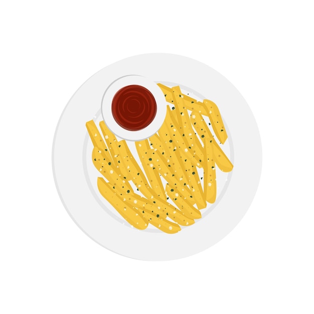 Logotipo de ilustración de papas fritas en un plato con salsa