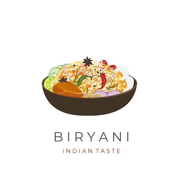 Vector logotipo de ilustración pollo biryani arroz servido en un plato de arcilla con guarniciones variadas y especias