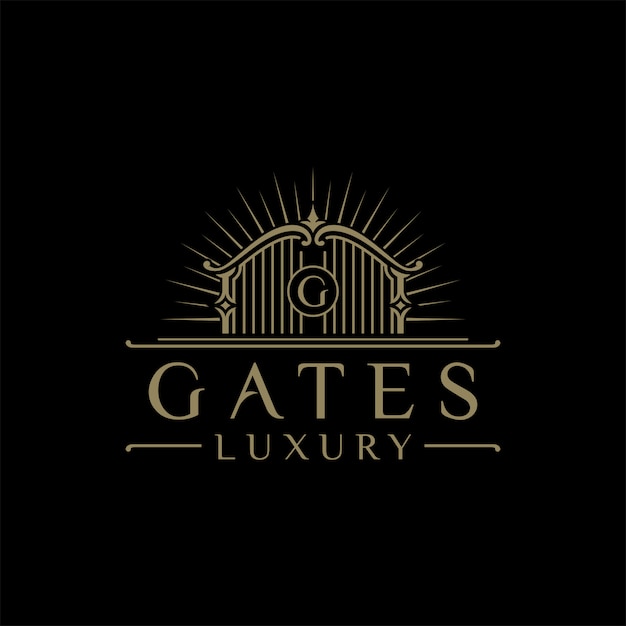 Logotipo de ilustración de puerta de lujo con las iniciales letra g en el medio, logotipo de hotel de lujo