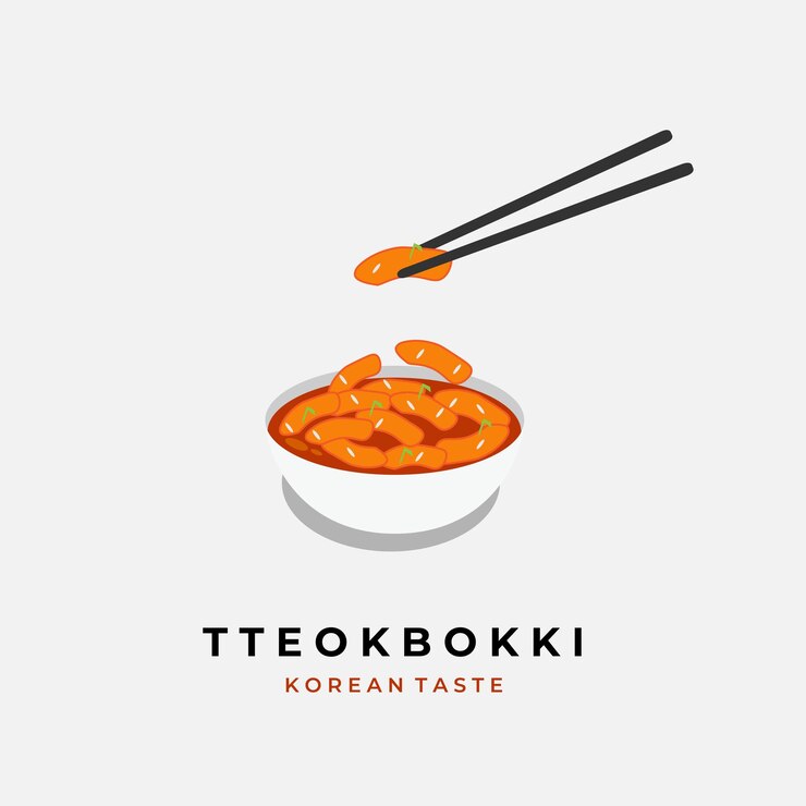 Logotipo de ilustración Readytoeat Tteokbokki con palillos y tazón blanco