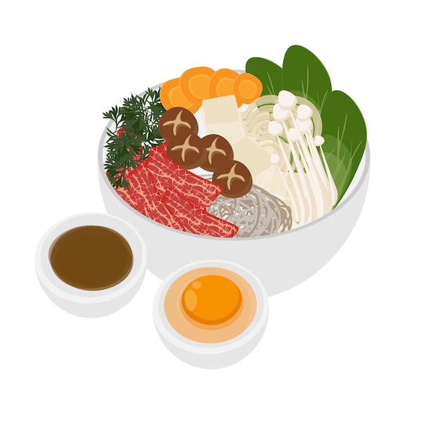 Logotipo De Ilustración Sukiyaki Japonés Con Salsa Añadida Y Huevo Crudo