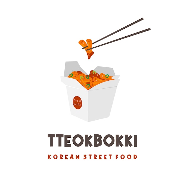 Vector logotipo de ilustración de tteokbokki de comida callejera coreana servido en la carretera con embalaje de caja de papel