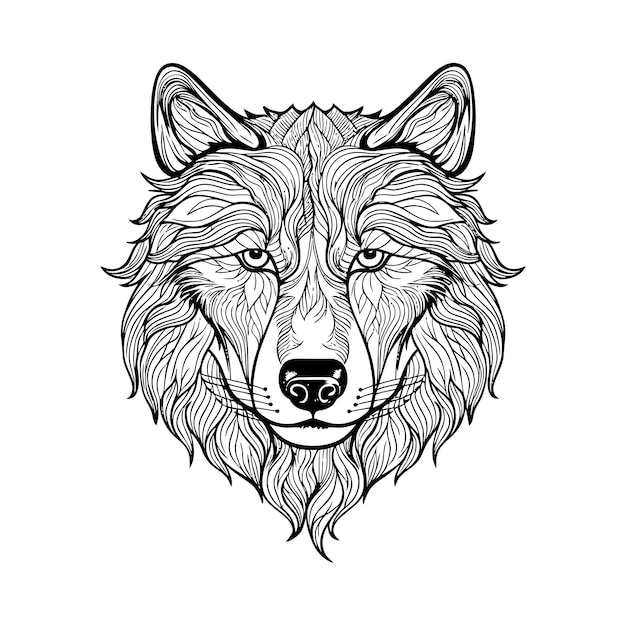 Vector logotipo de ilustración de vector de dibujo de línea de cabeza de lobo blanco y negro