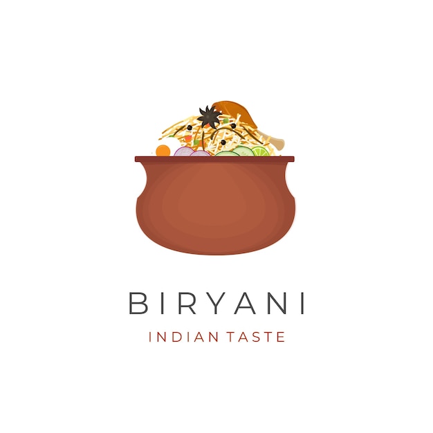 Logotipo de ilustración vectorial de arroz biryani indio servido en una olla de barro