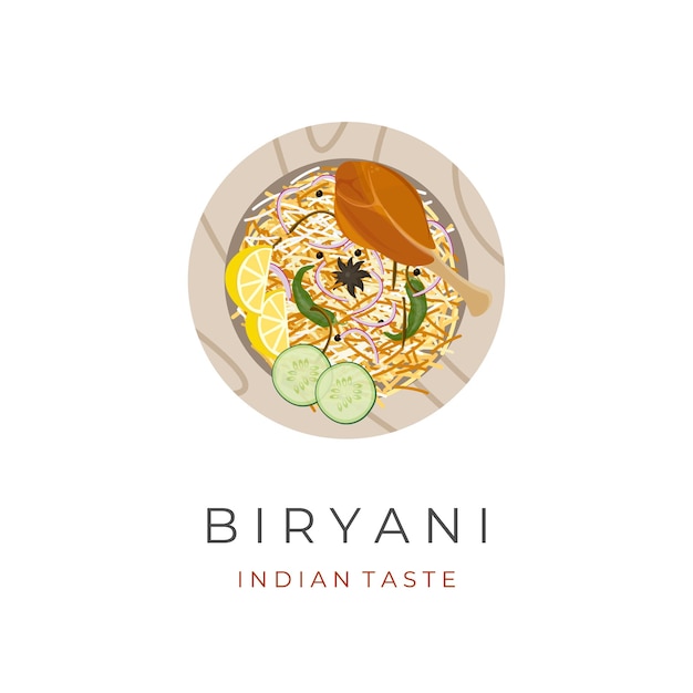 Vector logotipo de ilustración vectorial de arroz biryani con muslos de pollo y servido en un plato de madera