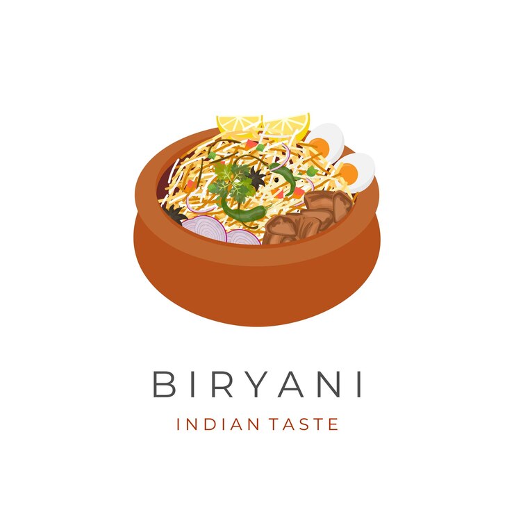Logotipo de ilustración vectorial de arroz Biryani de ternera servido en olla de barro india