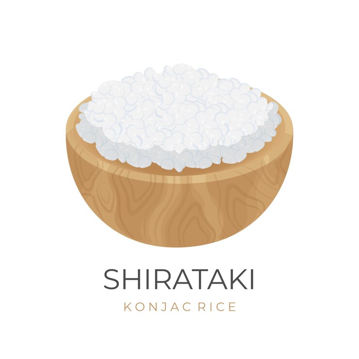 Logotipo de ilustración vectorial Arroz Shirataki Arroz Konjac en un cuenco de madera