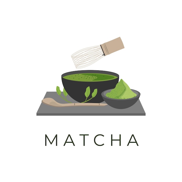 Logotipo de ilustración vectorial de bebida Matcha con polvo