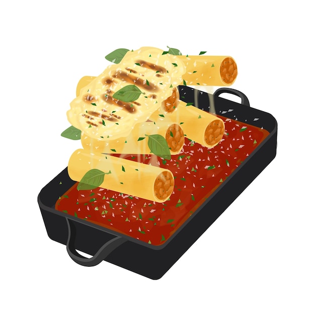 Logotipo de ilustración vectorial Clip art Levitación de pasta de cannelloni en una sartén con salsa bolognese