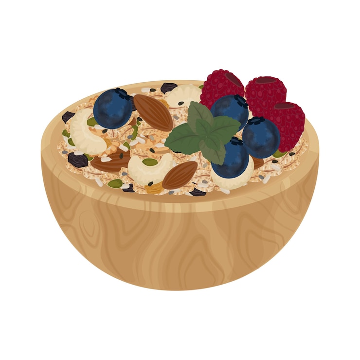 Logotipo de ilustración vectorial Clip art Muesli granola con bayas en un cuenco de madera