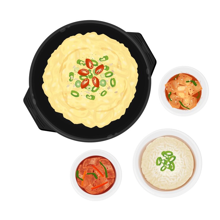 El logotipo de la ilustración vectorial Clipart Top View Gyeranjjim huevo cocido coreano con arroz y Banchan