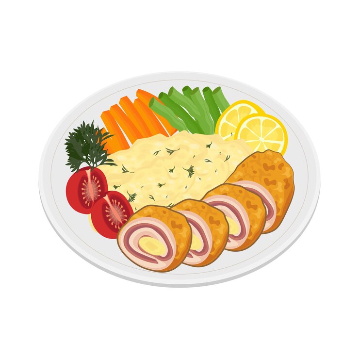Logotipo de ilustración vectorial Cordon bleu con puré de patatas y verduras frescas