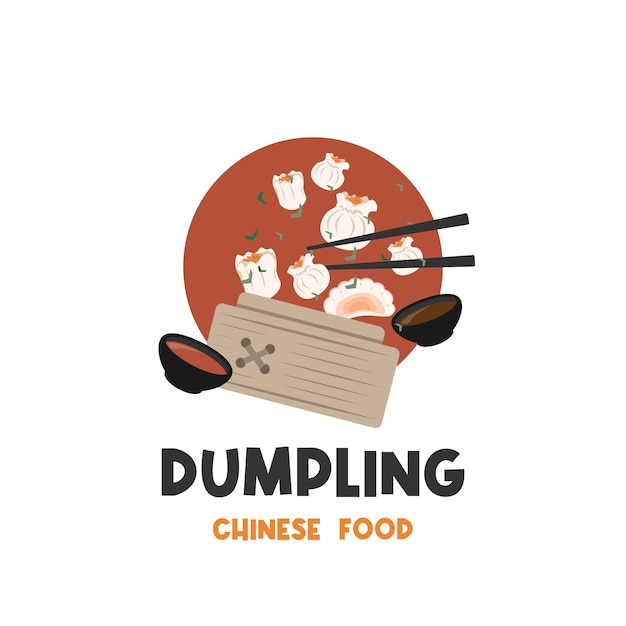 Logotipo de ilustración vectorial Dumpling Dim Sum Har Gow Hakau y Jaozi completo con salsa