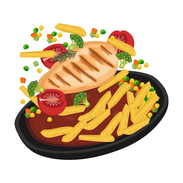 El logotipo de la ilustración vectorial del filete de pollo en levitación