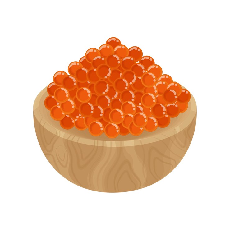 Logotipo de ilustración vectorial de huevos de salmón o caviar rojo en un cuenco de madera