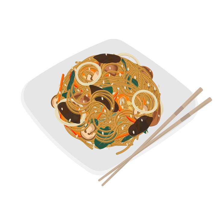 Logotipo de ilustración vectorial Japchae en un plato blanco con palillos