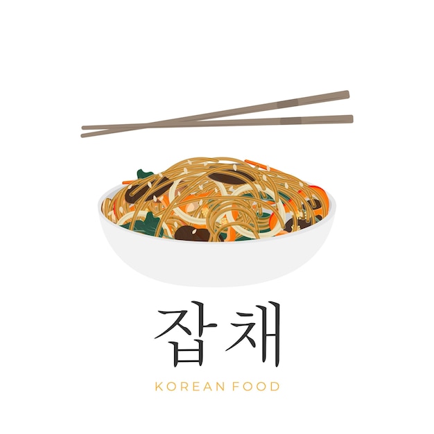 Logotipo de ilustración vectorial Japchae en un tazón blanco