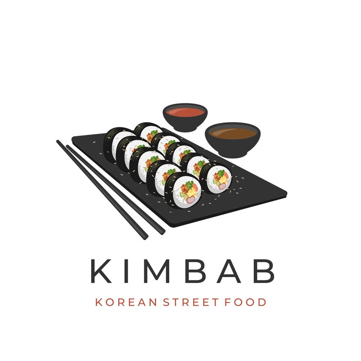 Logotipo de ilustración vectorial de Kimbap servido en un plato con palillos
