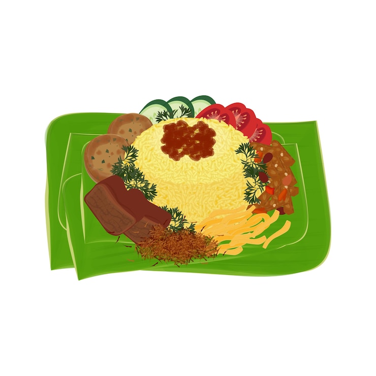 Vector logotipo de ilustración vectorial nasi kuning o arroz amarillo o arroz cúrcuma en una hoja de plátano