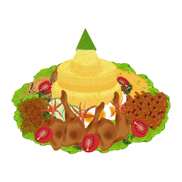 El logotipo de la ilustración vectorial Tumpeng nasi kuning es una comida tradicional indonesia