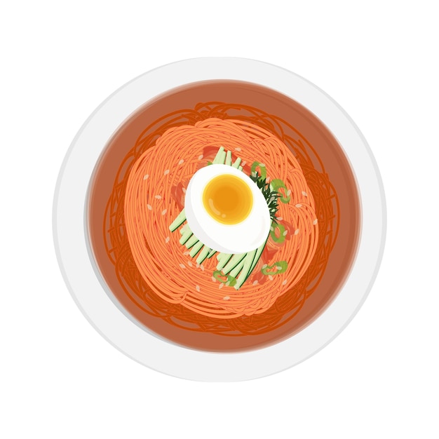 El logotipo de la ilustración vectorial de la vista superior Bibim Guksu fideos fríos picantes coreanos