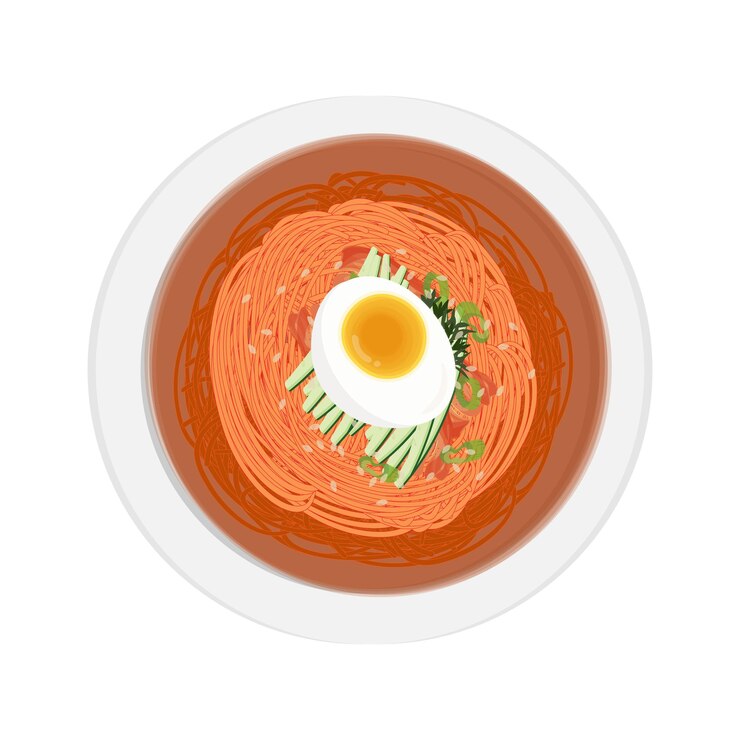 El logotipo de la ilustración vectorial de la vista superior Bibim Guksu fideos fríos picantes coreanos