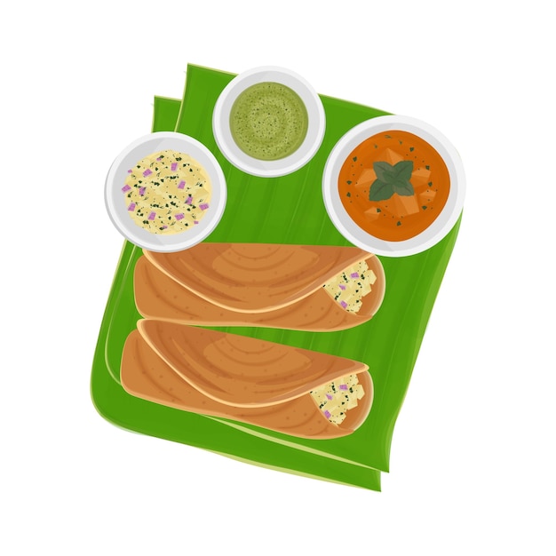 Vector logotipo de ilustración vectorial vista superior masala dosa en la hoja de plátano