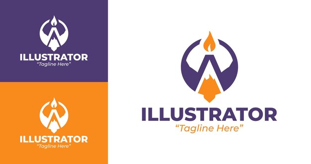 Logotipo de ilustrador creativo en púrpura y naranja para marca profesional