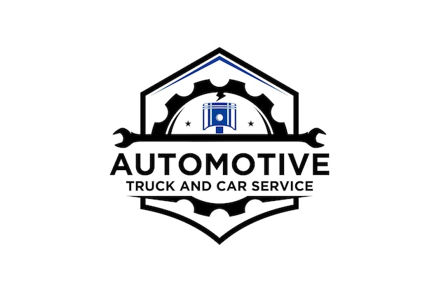Logotipo de la industria automotriz con ilustración de garaje de taller de elementos de engranaje de pistón y llave