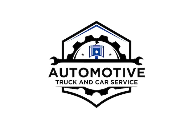 Vector logotipo de la industria automotriz con ilustración de garaje de taller de elementos de engranaje de pistón y llave