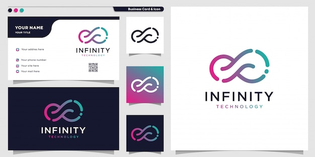 Logotipo de Infinity tech con estilo de arte lineal y plantilla de diseño de tarjeta de visita, contorno, degradado de color, tecnología, plantilla