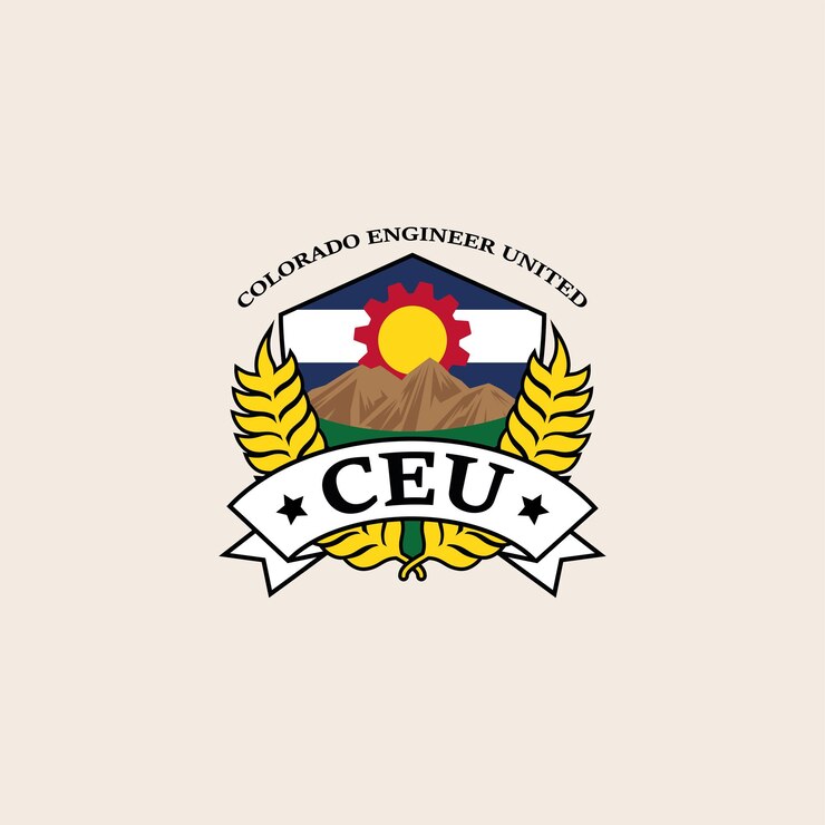 Logotipo de Ingeniero Colorado con montañas de bandera de Colorado y marco de escudo diseño de logotipo vintage