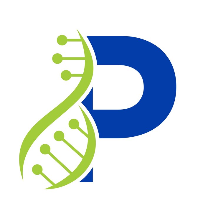 Vector logotipo inicial de adn en la letra p plantilla vectorial para el símbolo de atención médica