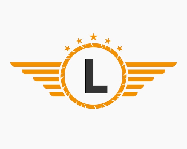 Logotipo inicial del ala en la letra L para el logotipo de transporte con estrella y símbolo de velocidad