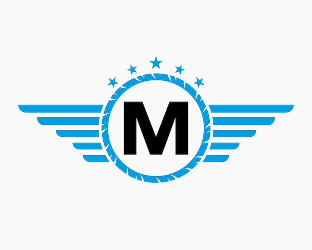 Logotipo inicial del ala en la letra M para el logotipo de transporte con estrella y símbolo de velocidad