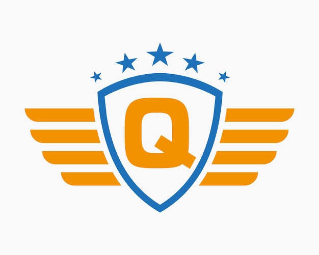 Logotipo inicial del ala en la letra Q para el logotipo de transporte con símbolo de estrella