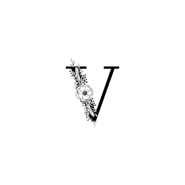 Logotipo inicial del alfabeto floral V Letras vectoriales de monograma botánico del alfabeto floral negro con negro
