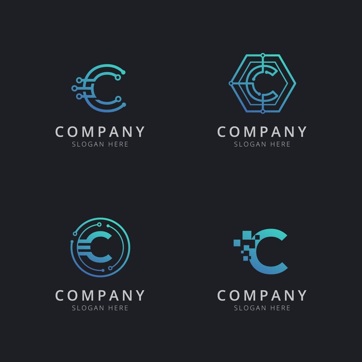 Vector logotipo inicial c con elementos tecnológicos en color azul