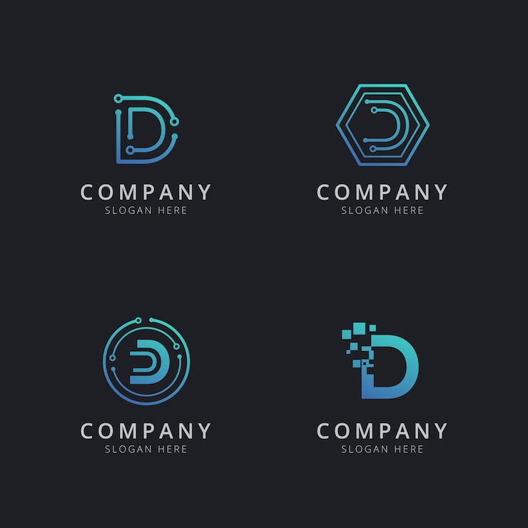 Vector logotipo inicial d con elementos tecnológicos en color azul