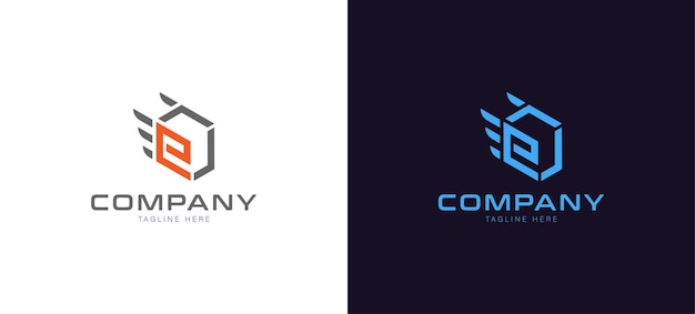 Logotipo inicial de E Box Letra E Box con combinación de alas que se puede utilizar para el logotipo de tecnología o logística