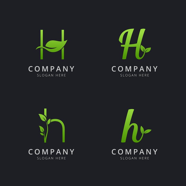 Logotipo inicial h con elementos de hoja en color verde