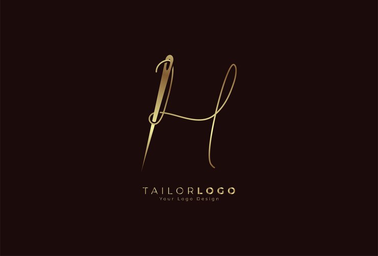 Vector logotipo inicial h tailor letra h formada a partir de hilo y aguja con estilo de línea de color dorado